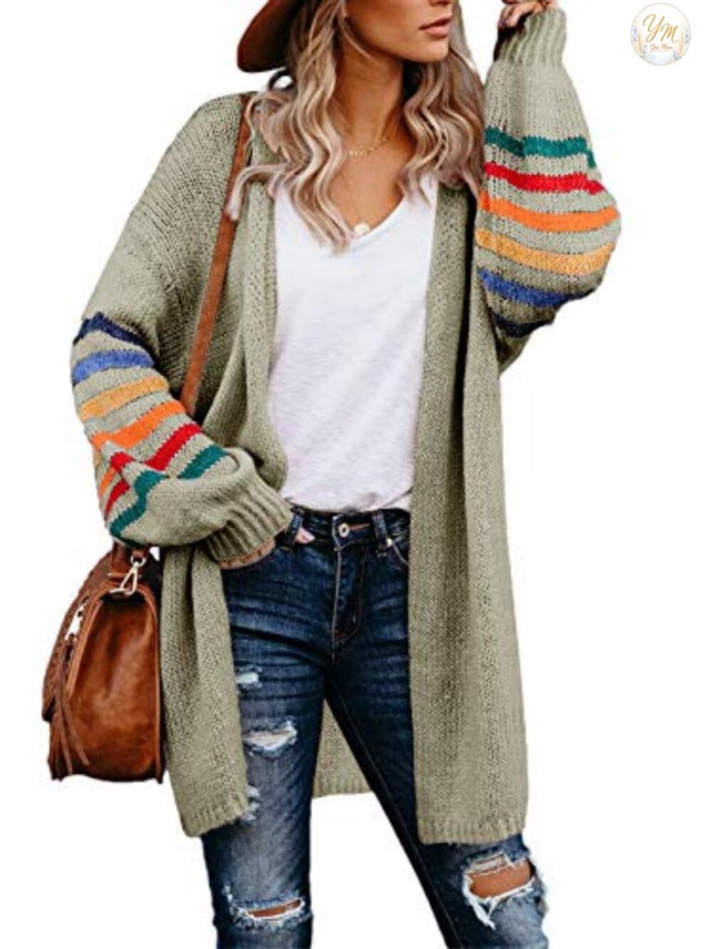 Striped Knit Open Front Cardigan Balloon Sleeve Loose Fit Sweater Coat
